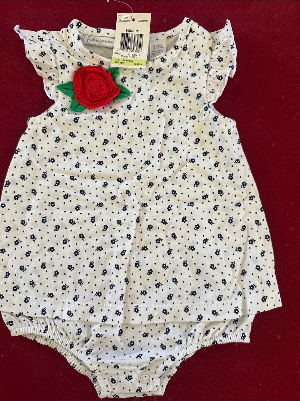 Mi White Baby One-Piece with Navy Floral Print and Red Rose Accent